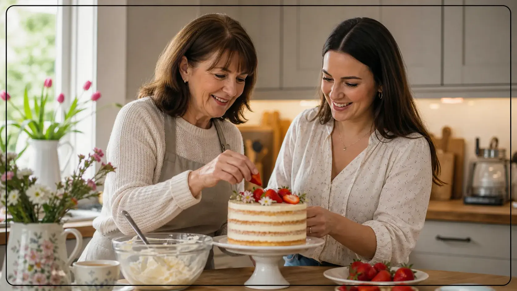 Mother and adult daughter baking a cake together for Mother’s Day in the UK