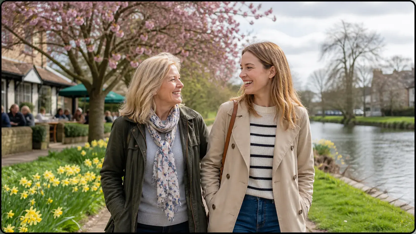 Mother and adult daughter enjoying a spring walk on Mother’s Day in the UK