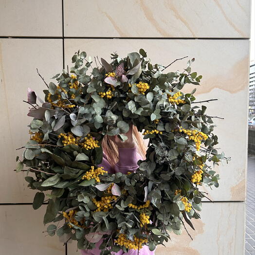 Eucalyptus and mimosa wreath