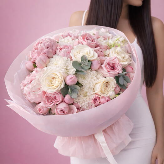 Bouquet of peony roses, spray roses and other flowers