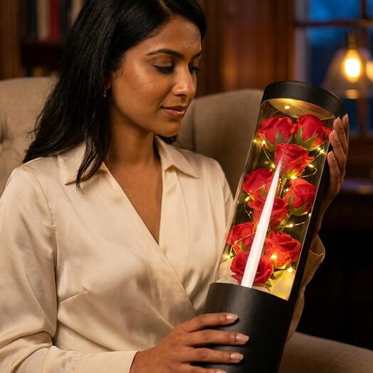 🐚 Elegant Shell Rose Bouquet with LED Lights 🌹 | 9 Roses + Greeting Card – 4x22 Inches