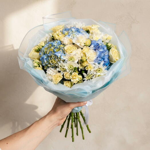 Moonlight Hydrangea Blend-Blue Hydrangea, White Rose   Carnation Bouquet in Soft Blue Designer Paper