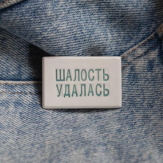 Ceramic brooch "The prank was a success"