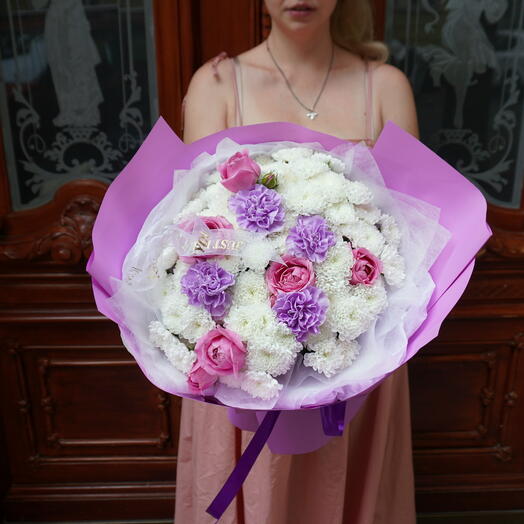 Milky-way (raspberry peony roses and purple dianthus in a cloud of chrysanthemums)