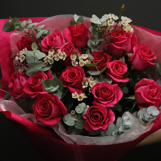 Ecuadorian "Pink Floyd" roses with waxflower and eucalyptus