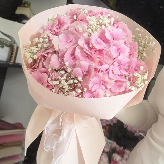 1 large hydrangea with gypsophila