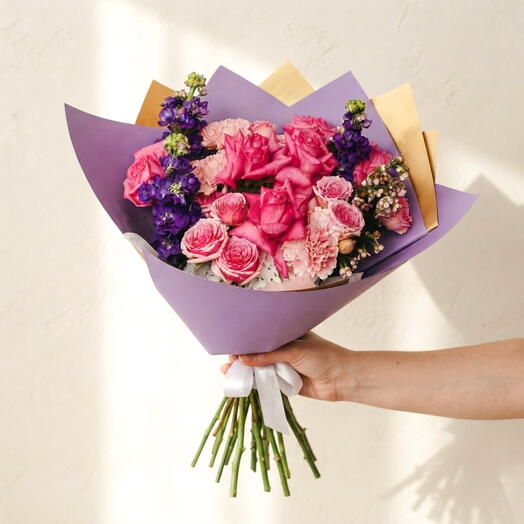 Whispers of Spring-Hand-Tied Bouquet with Hot Pink Roses, Pink Carnations, Purple Stock, and Purple   Gold Wrapping