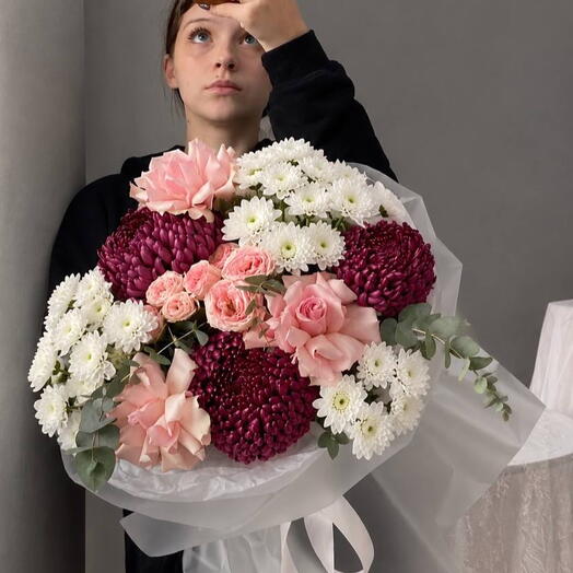 Wine Velvet Bouquet (French roses, spray chrysanthemums, single-bloom chrysanthemums, spray roses, eucalyptus)