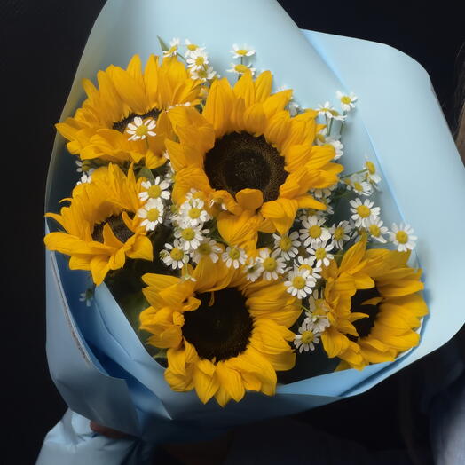 ️ ️ Sunflower and Daisy Bouquet in Blue Wrapping