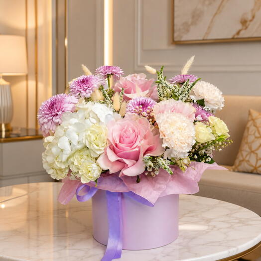Tender Moments Box-Round Box Flower Arrangement with Pink Roses, White Hydrangea, Chrysanthemums   Carnations