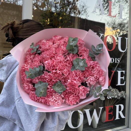 Pink dianthuses and eucalyptus