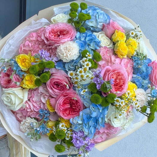 Unicorn Bouquet - Garden Roses, Hydrangeas, Spray Roses, Chrysanthemums, Stock, Carnations, Chamomile, Tweedia