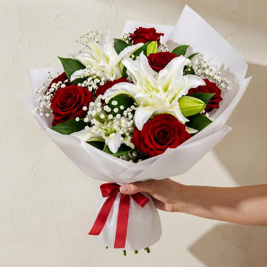 Lily Love-Luxury Red Rose and White Lily Flower Bouquet with Baby s Breath