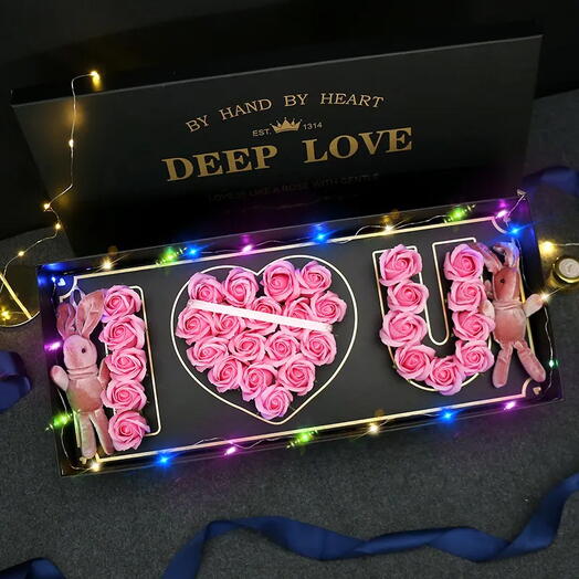 Elegant Pink Rose Bouquet in a Box with LED Lights