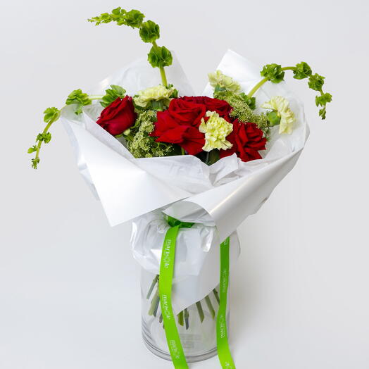 Garden Flame - Red Roses,  Carnations, Viburnum, Bells of Ireland