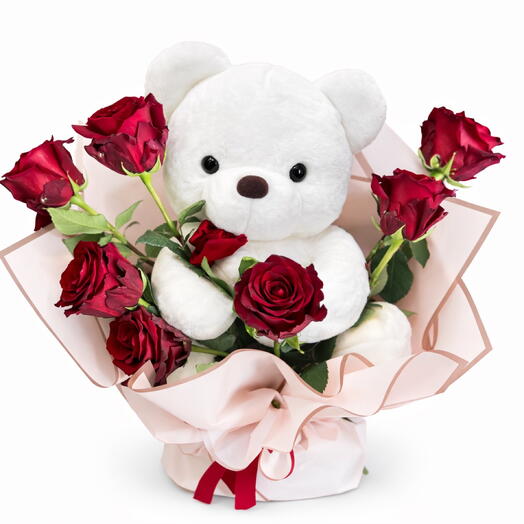 Weißer Teddybär 35 cm mit Rosen
