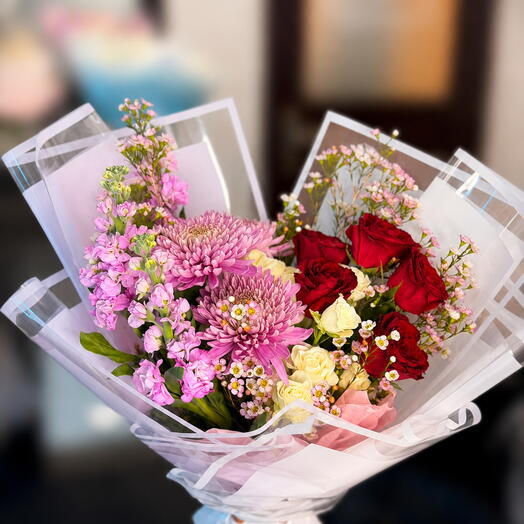 Velvet Dawn-Vibrant Flower Bouquet with Red Roses, Pink Chrysanthemums   Spray Roses, White Wrapped
