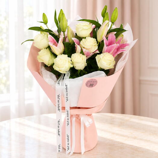 Elegant Bouquet with Pink Lilies and White Roses