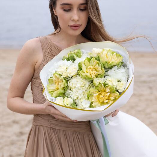Tropics Bouquet (Veggie roses, hydrangeas , white spray roses)