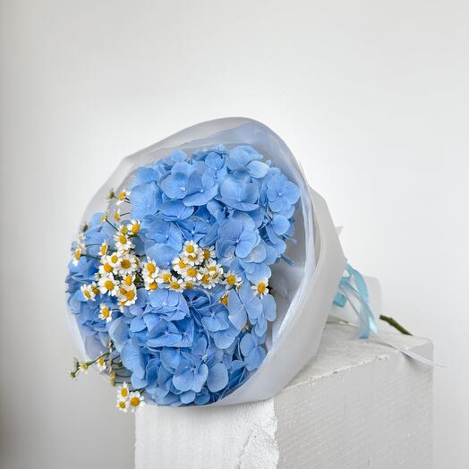 Light blue hydrangea with daisies