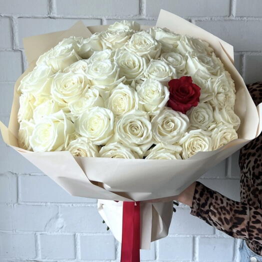 "I love you" - white roses, 50 pcs + 1 red rose