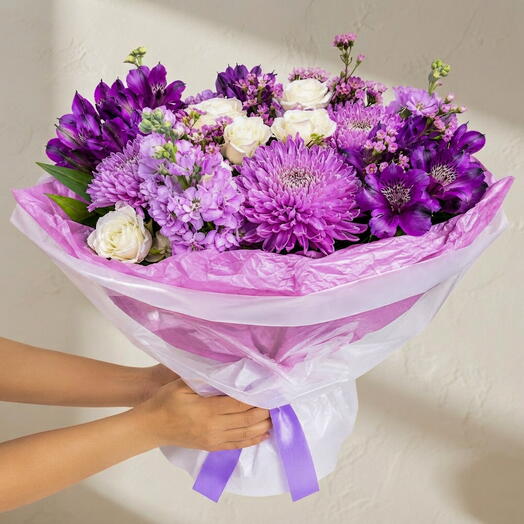 Violet Bliss-Vibrant Purple and White Mixed Flower Bouquet, Wrapped
