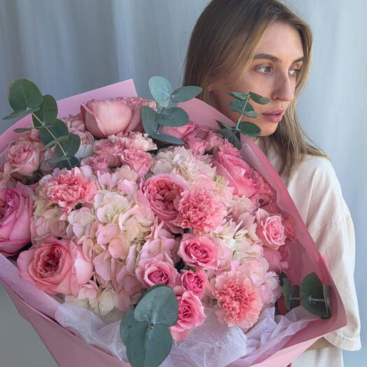 Candy Rose - Hydrangeas, Garden Roses, Spray Roses, Carnations, Eucalyptus