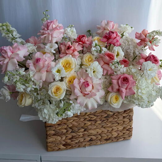Grand Champagne Basket – French Roses, Garden Roses, Hydrangeas, Lisianthus, Stock and Delphinium