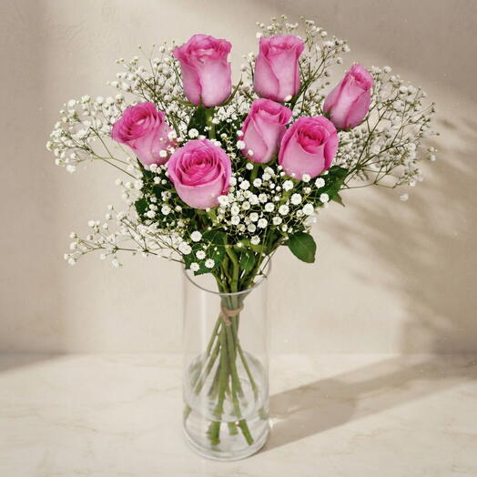 Pink Blush Harmony-7 Pink Roses   Baby s Breath Floral Arrangement in Glass Vase