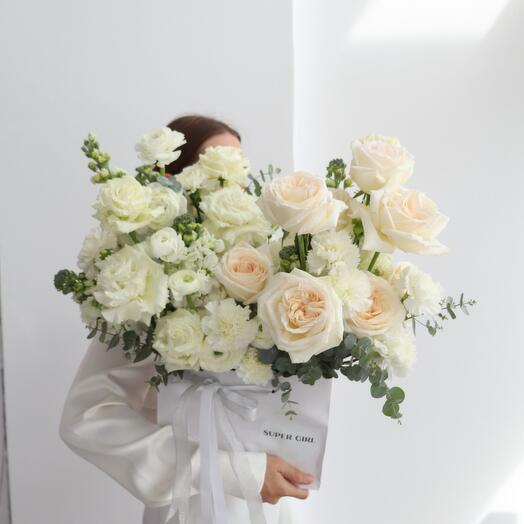 White lovely box with garden fragrant roses