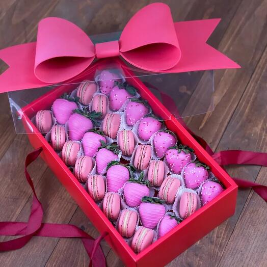 Chocolate Dipped Strawberries and Macarons Gift Box