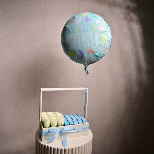 White Rose and Chocolate Leather Basket with  Welcome Baby  foil balloon  6187