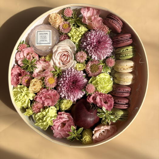 Gift box Happy box with flowers, candle   macaroni cakes