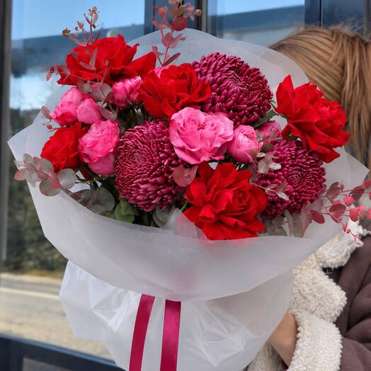 Ruby Symphony Bouquet (French roses, single-bloom chrysanthemums, spray roses, eucalyptus)