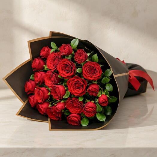 The Majestic 25 - Noir Edition-25 Fresh Red Rose Stems Bouquet, Black Wrap   Red Ribbon