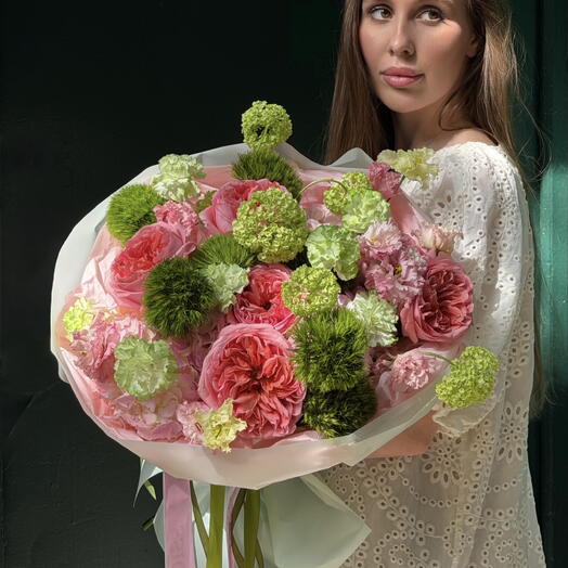 Watermelon Sorbet Bouquet M Size (Viburnum,Pink Expression Garden Roses,Green Balls,Lisianthus,Carnations,Hydrangeas)