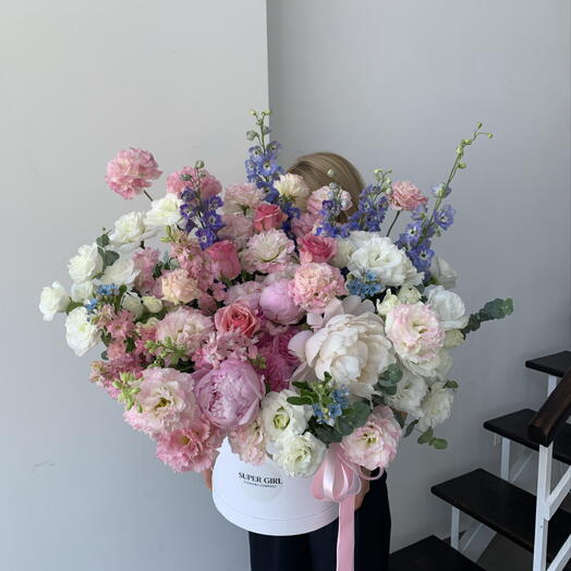 Big box with roses, eustoma, delfininium