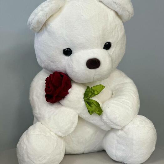 Plush teddy bear, 45 cm, with a red rose