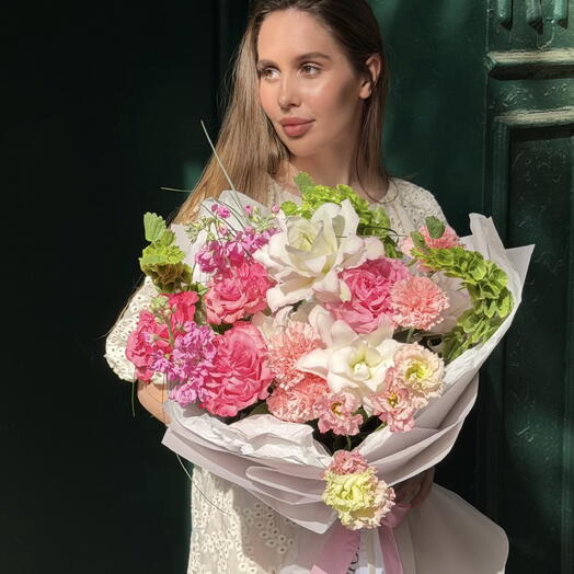 Berry Fizz Bouquet (Peony Lilly, Country Blues Peony Roses, Lisianthus, Hydrangea, Stocks, Bear Grass, Carnations)