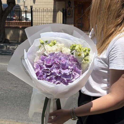 Purple Hydrangea   White Lisianthus Bouquet