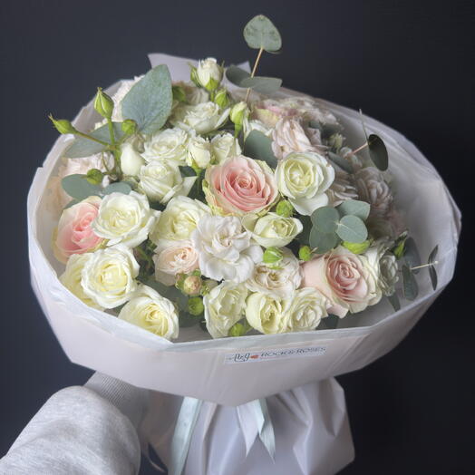 🌸 Delicate Romance: White   Pale Pink Spray Roses with Eucalyptus
