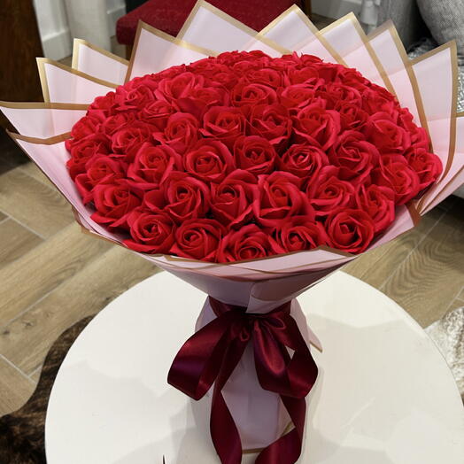 Large bouquet of soap flowers red roses for a birthday gift flower box
