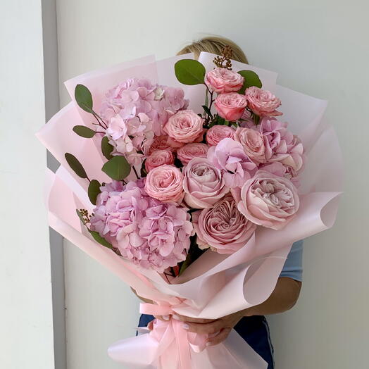 Pink peony roses and hydrangeas bouquet