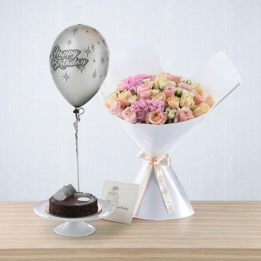 Peach Blossom Enchantment Birthday Bouquet   Cake Combo – Premium Roses, Hydrangeas   Celebration Set