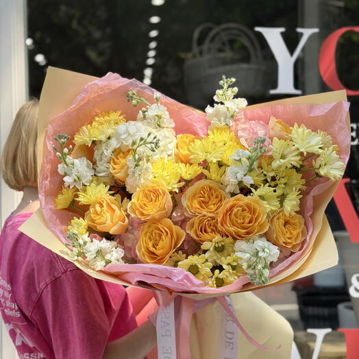 Peach Energy Bouquet Medium Size(Hydrangeas, Stocks, Chrysanthemums, Kings Cross Roses)