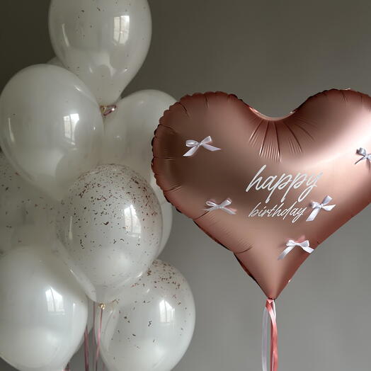 Heart with the inscription Happy Birthday, and 10 white balloons with confetti
