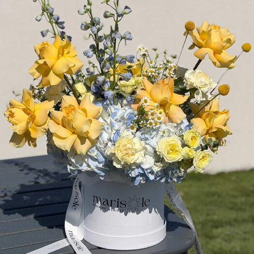 Limoncello Box - French Roses, Hydrangea, Delphinium, Chamomile, Spray Roses, Carnations, Craspedia