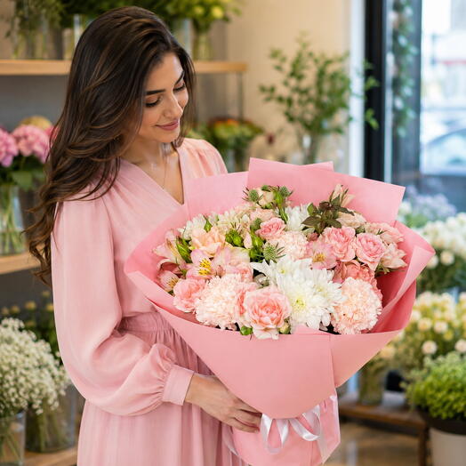 Blush Serenity Bouquet-Flower Bouquet with Pink Roses, Carnations, Chrysanthemums   Alstroemeria, Soft Pink Wrapped