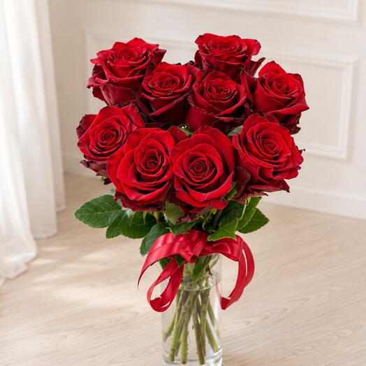 9 Premium 70 cm Red Ecuador Roses with Satin Ribbon