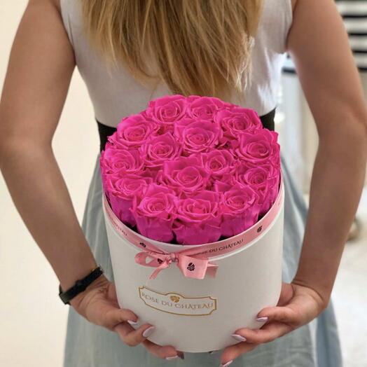 Pink Eternal Roses in a White Round Box